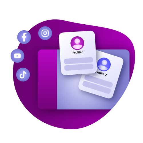 A screen with two browser profiles showing, with social media icons next to it, on a purple background