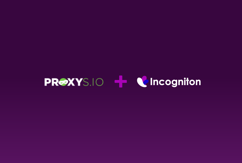 logo of proxys.io and logo of Incogniton on purple background