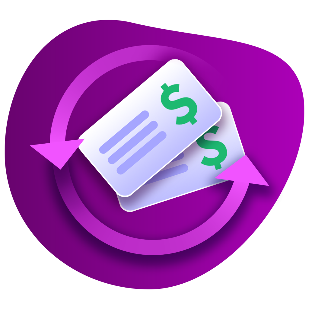 A purple circle with arrows surrounds another purple circle, featuring a couple of cards with green dollar signs, representing Incogniton.