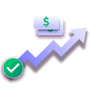 A purple upward arrow with a green check mark at the base and two dollar bill icons above, symbolizing financial growth in Incogniton.