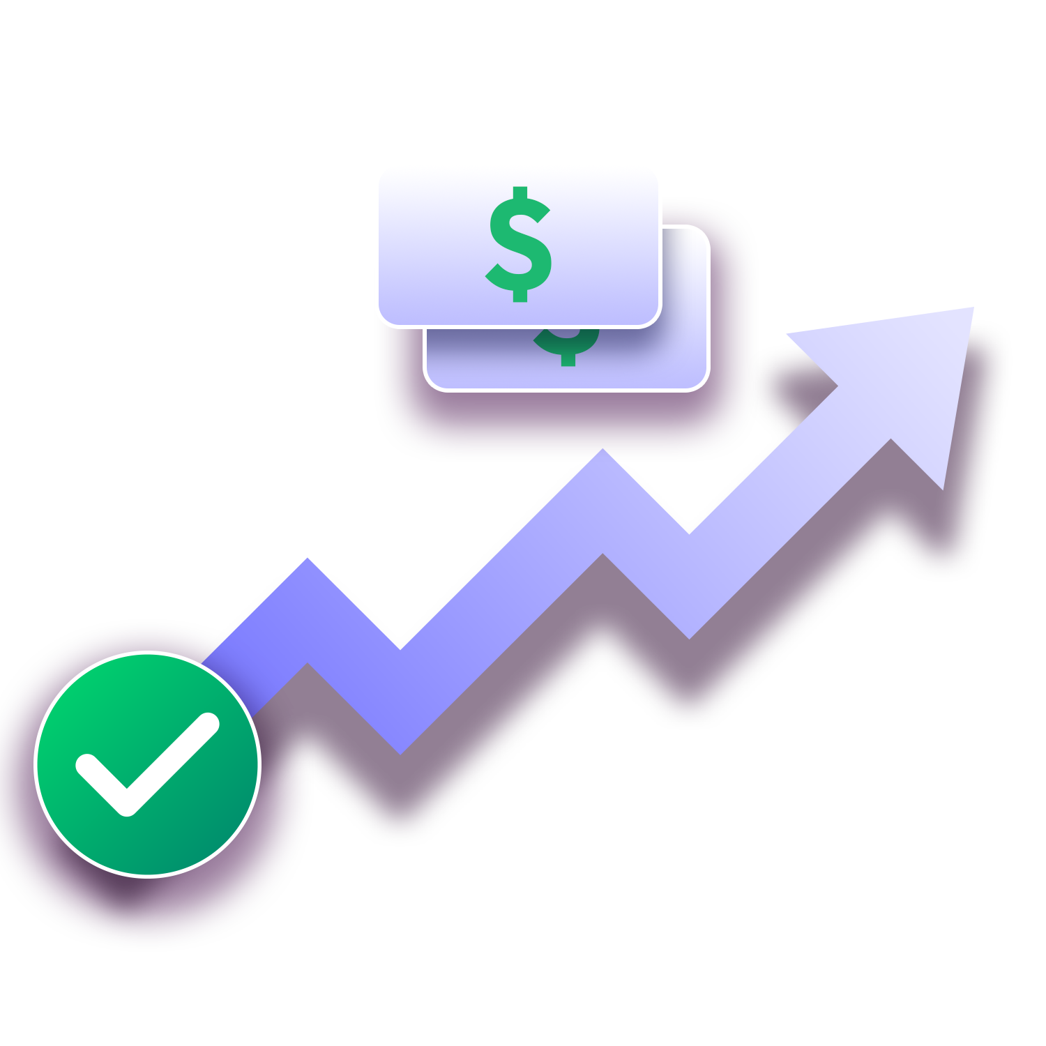 A purple upward arrow with a green check mark at the base and two dollar bill icons above, symbolizing financial growth in Incogniton.