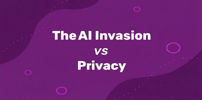 White text on a purple abstract background reads The AI Invasion vs Privacy, with circular and dotted design elements scattered throughout. This is for Incogniton.