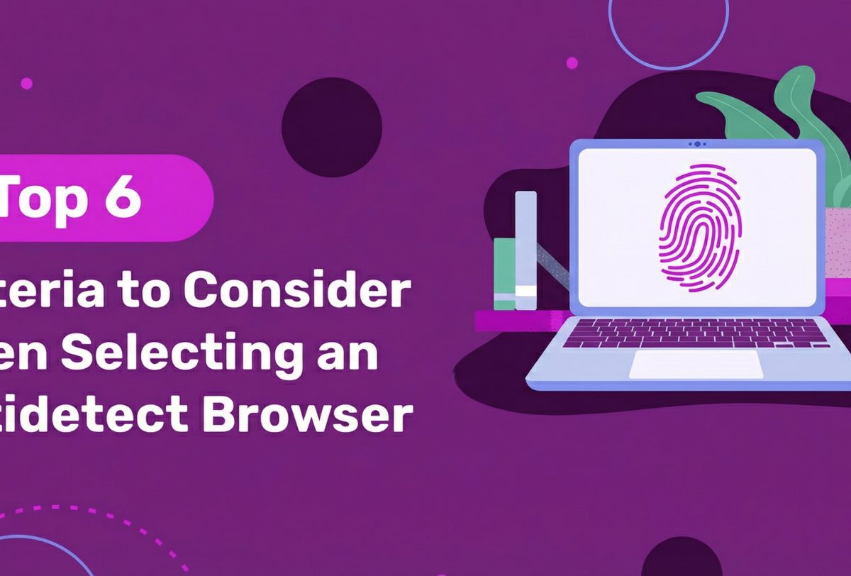 A purple graphic shows Incogniton on a laptop screen with a fingerprint, books, and a plant. Text reads: Top 6 Criteria to Consider When Selecting an Antidetect Browser.