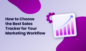 A graphic with the text How to Choose the Best Sales Tracker for Your Marketing Workflow beside an illustration of a rising bar graph and arrow, with purple abstract shapes in the background. The application shown is Incogniton.