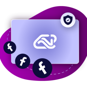 Linkwave structures logo in a lila block, surrounded by icons of a shield and Facebook logos, with a purple background - resized