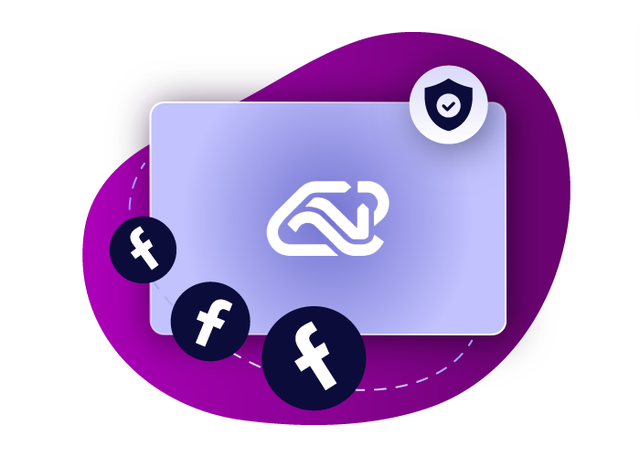 Linkwave structures logo in a lila block, surrounded by icons of a shield and Facebook logos, with a purple background