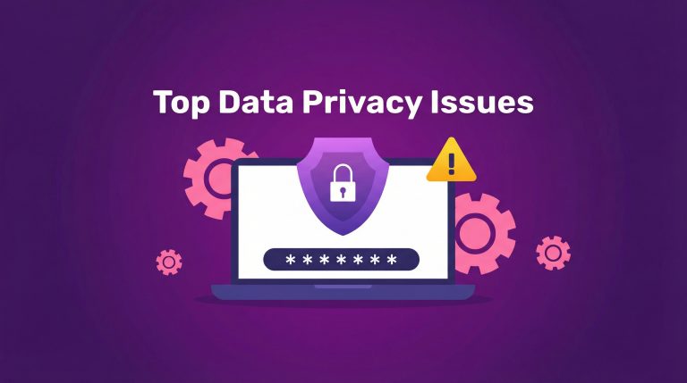 A laptop with a shield and lock icon on the screen, surrounded by gears and a warning sign, plus "Top Data Privacy Issues" text on purple. The application shown is Incogniton.