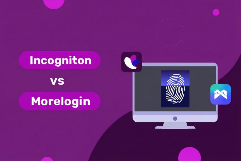 Purple graphic with text Incogniton vs Morelogin beside a monitor showing a fingerprint. Two app icons on a purple background with circles.