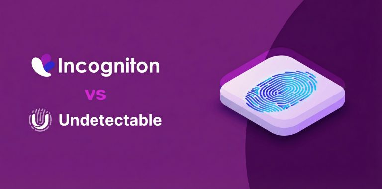 A purple graphic compares Incogniton and Undetectable, showing both logos and a 3D fingerprint icon on the right side.