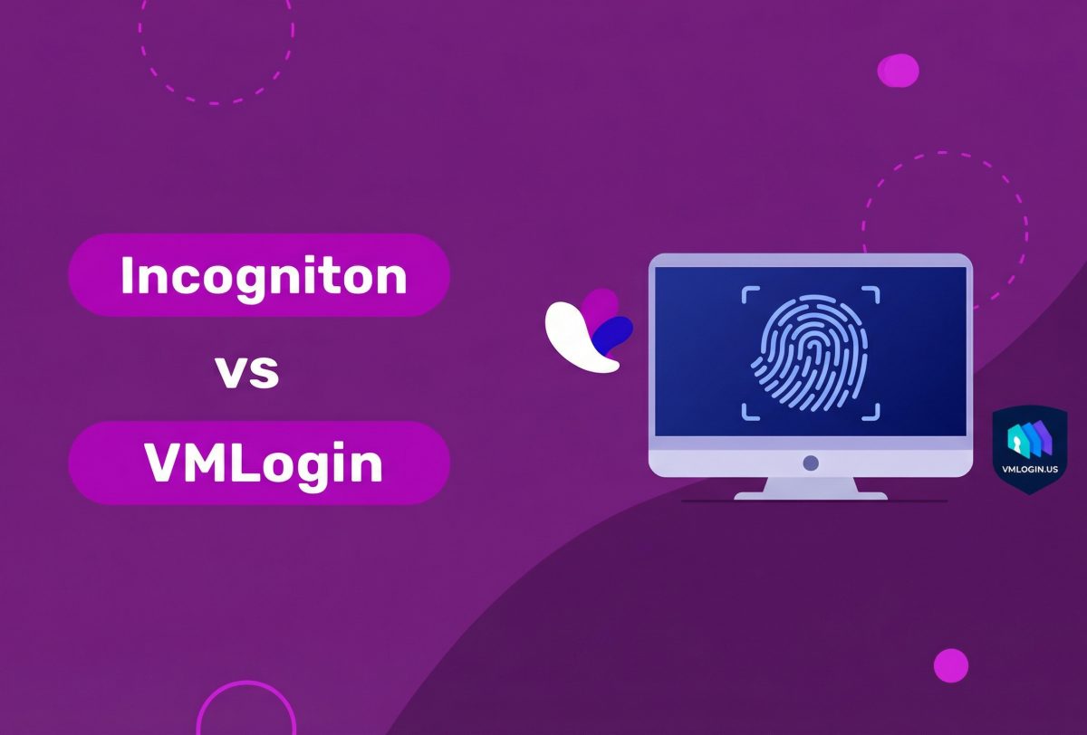 A purple graphic compares Incogniton and VMLogin, with their names on the left and a monitor with a fingerprint icon on the right. Abstract shapes and the VMLogin logo appear in the background.