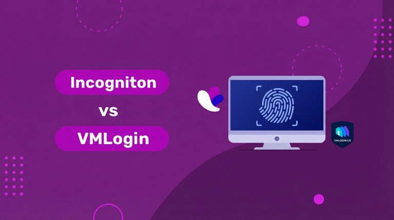 A purple graphic compares Incogniton and VMLogin, with their names on the left and a monitor with a fingerprint icon on the right. Abstract shapes and the VMLogin logo appear in the background.