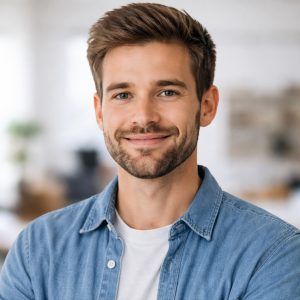 A young man with short brown hair and a beard smiles warmly. He wears a light denim shirt over a white t-shirt in Incogniton.