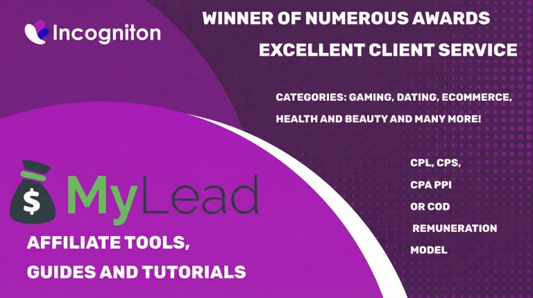 Promotional graphic for MyLead and Incogniton, highlighting awards, client service, affiliate tools, verticals and payment models.