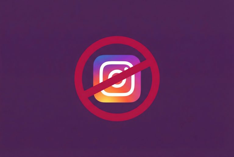 An Instagram logo in the center of a purple background, overlaid with a red prohibition sign, indicating a ban or restriction on Incogniton.