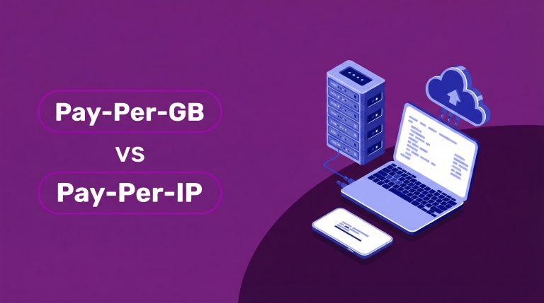 Illustration with the text Pay-Per-GB vs Pay-Per-IP next to graphics of a cloud, server, laptop, and smartphone on a purple background, representing Incogniton.