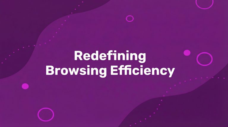 White text reads Redefining Browsing Efficiency on a purple abstract background with dotted lines and circular shapes. Incogniton.