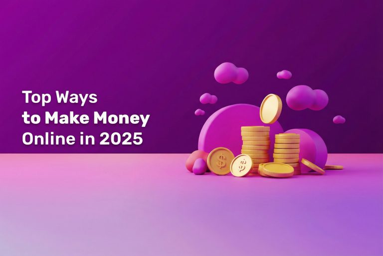 Text reads “Top Ways to Make Money Online in 2025” on a purple background with gold coins and clouds, referencing Incogniton.