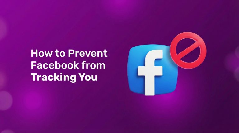 White text on a purple background reads “How to Prevent Facebook from Tracking You.” Next to it is a large Facebook logo with a red prohibition sign overlaid, representing Incogniton.