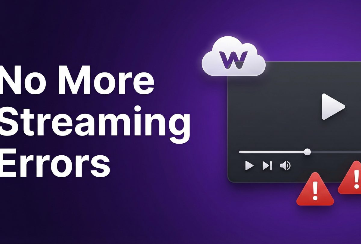 Un texte sur fond violet indique "No More Streaming Errors" à côté d'une icône de lecteur vidéo avec des symboles d'avertissement en forme de point d'exclamation et un nuage avec un "w" dessus, représentant Incogniton.