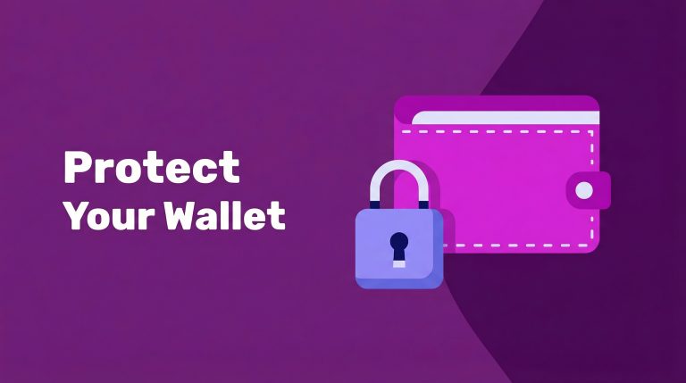 A purple wallet with a padlock icon beside it, set against a purple background. The text on the left reads Protect Your Wallet in Incogniton.