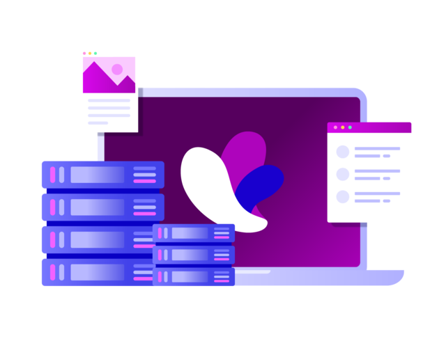 laptop with purple screen and Incogniton logo, with a stack of routers and screens next to it - resized