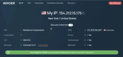 whoer.net dashboard with ip details