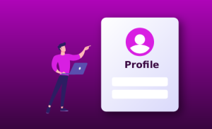 a man standing with a laptop pointing to Incogniton login screen with profile icon on a purple background