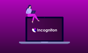A woman with long hair sits on a large laptop displaying the word Incogniton and its logo, set on a purple background