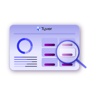 graphics with magnifying glass with the Tyver logo at the top, on a light purple background