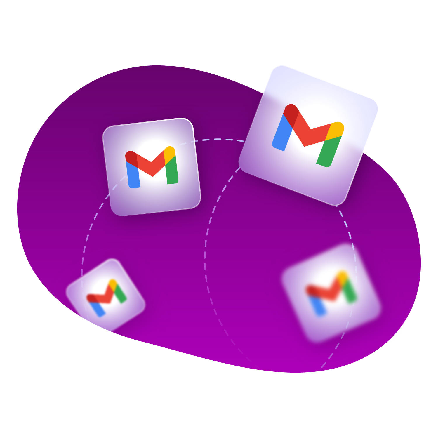 four blocks with Gmail icons connected trough a line on a dark purple background