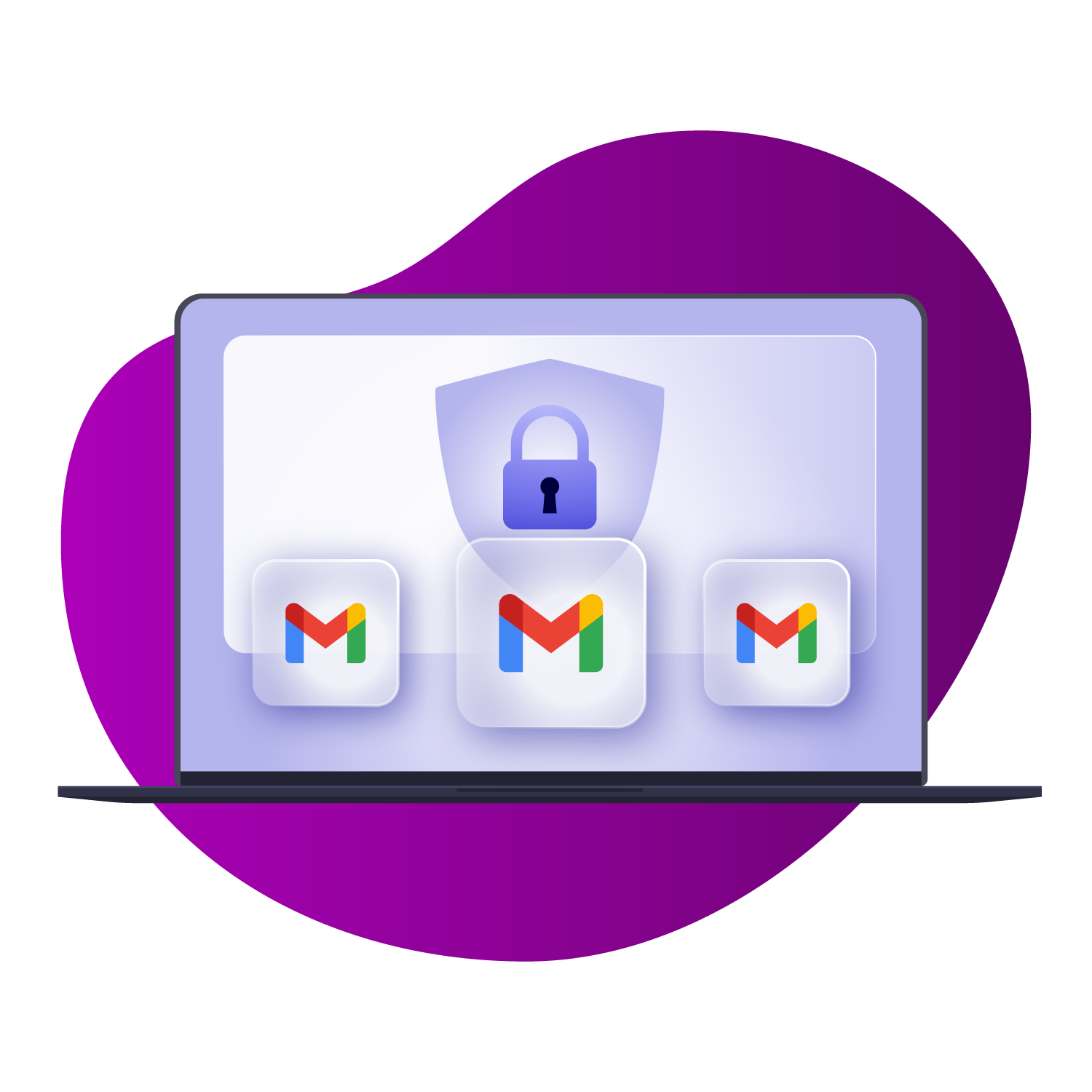 laptop screen with a lock and three icons of Gmail on a purple background