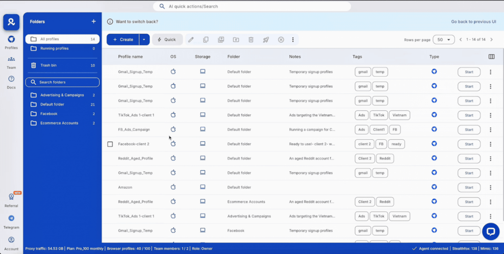 Multilogin browser dashboard