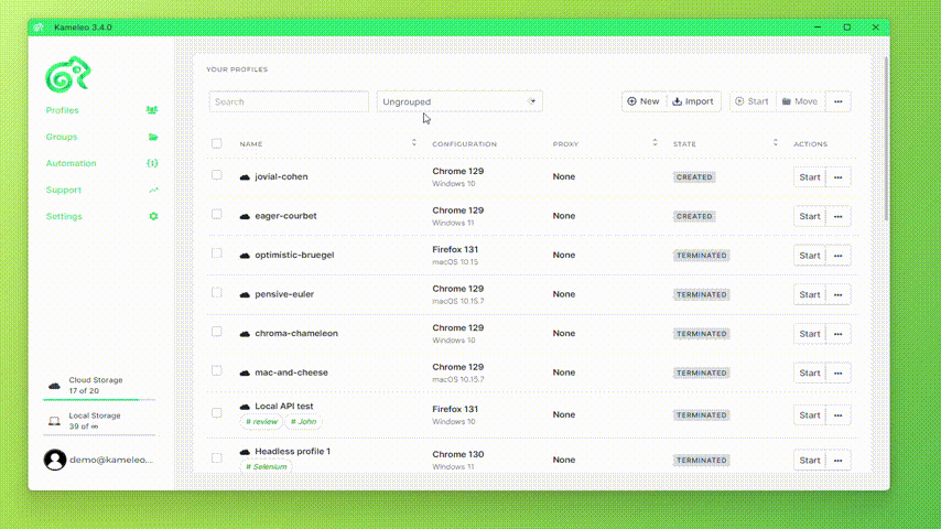 Kameleo browser dashboard