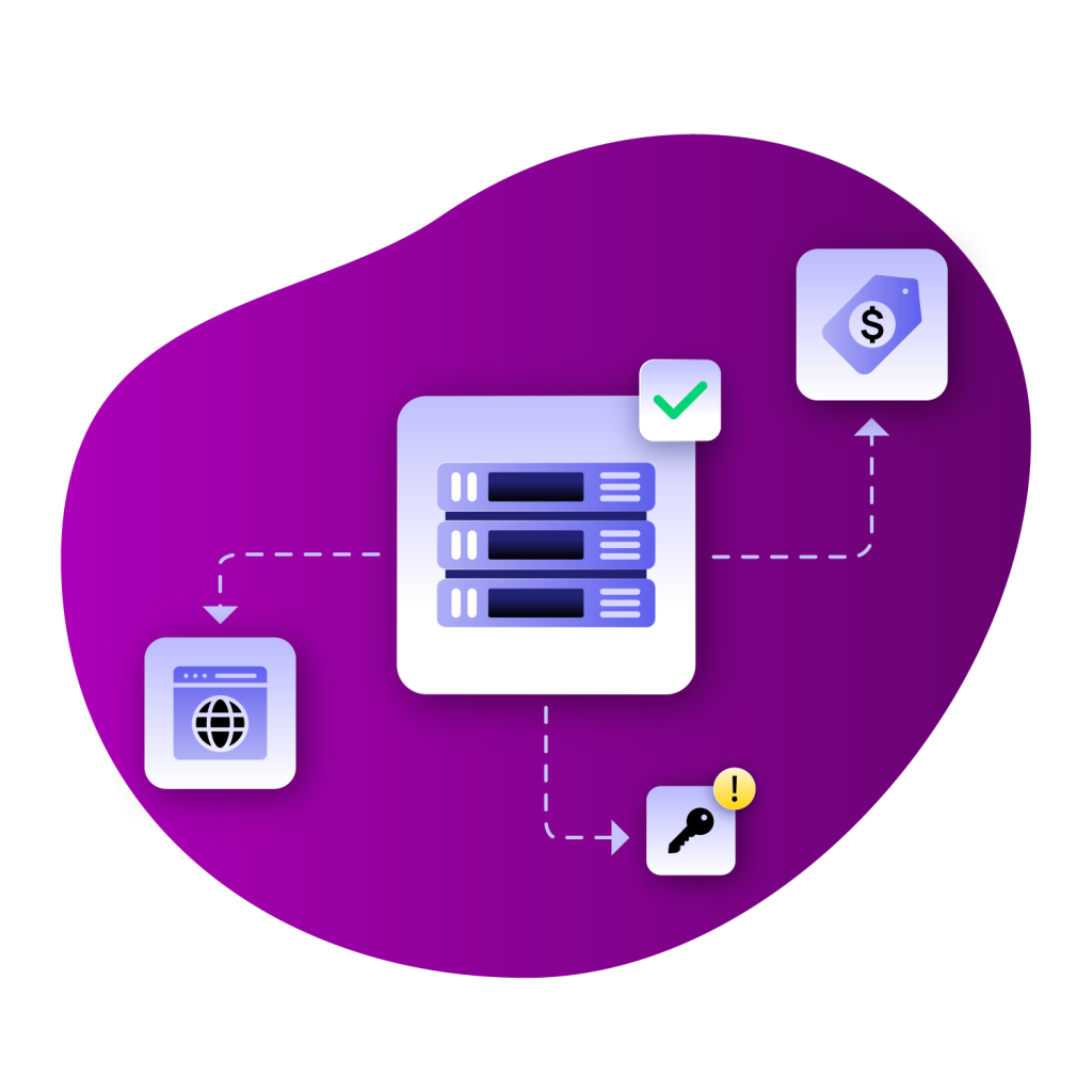 grey block with proxy server in the middle, connected to three smaller grey blocks visualizing a browser, key and price tag, on a purple background