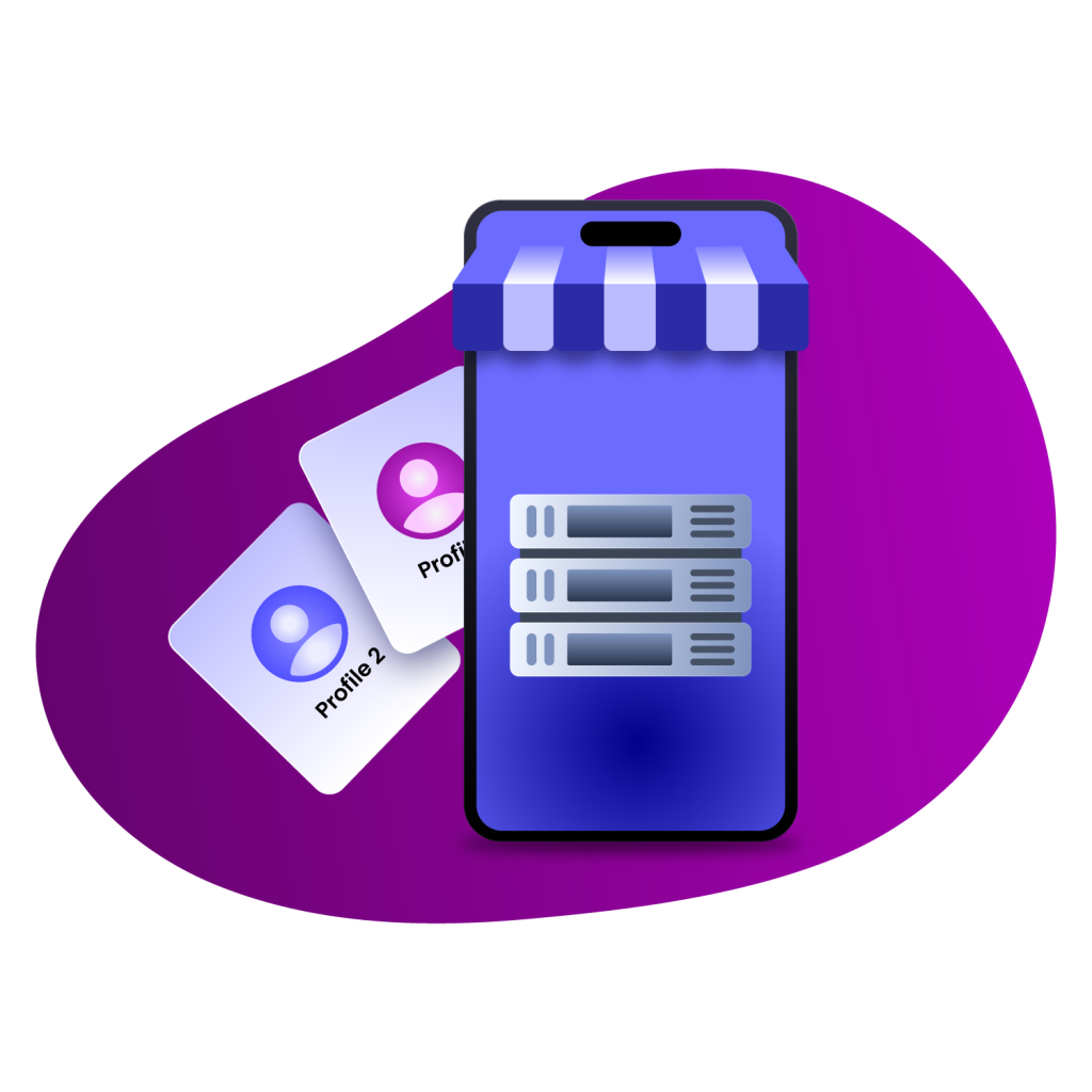 proxy servers in a window shop icon with two profiles next to it on a purple background