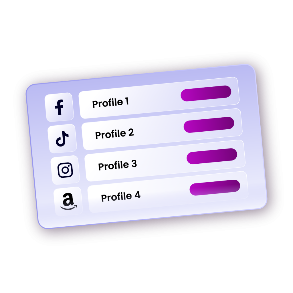 purple block with 4 profiles and social media icons next to it