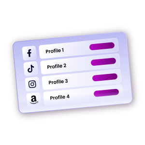 purple block with 4 profiles and social media icons next to it