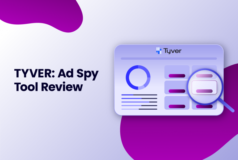 tyver ad spy tool review, purple block with graphics and magnifying glass with the tyver logo at the top