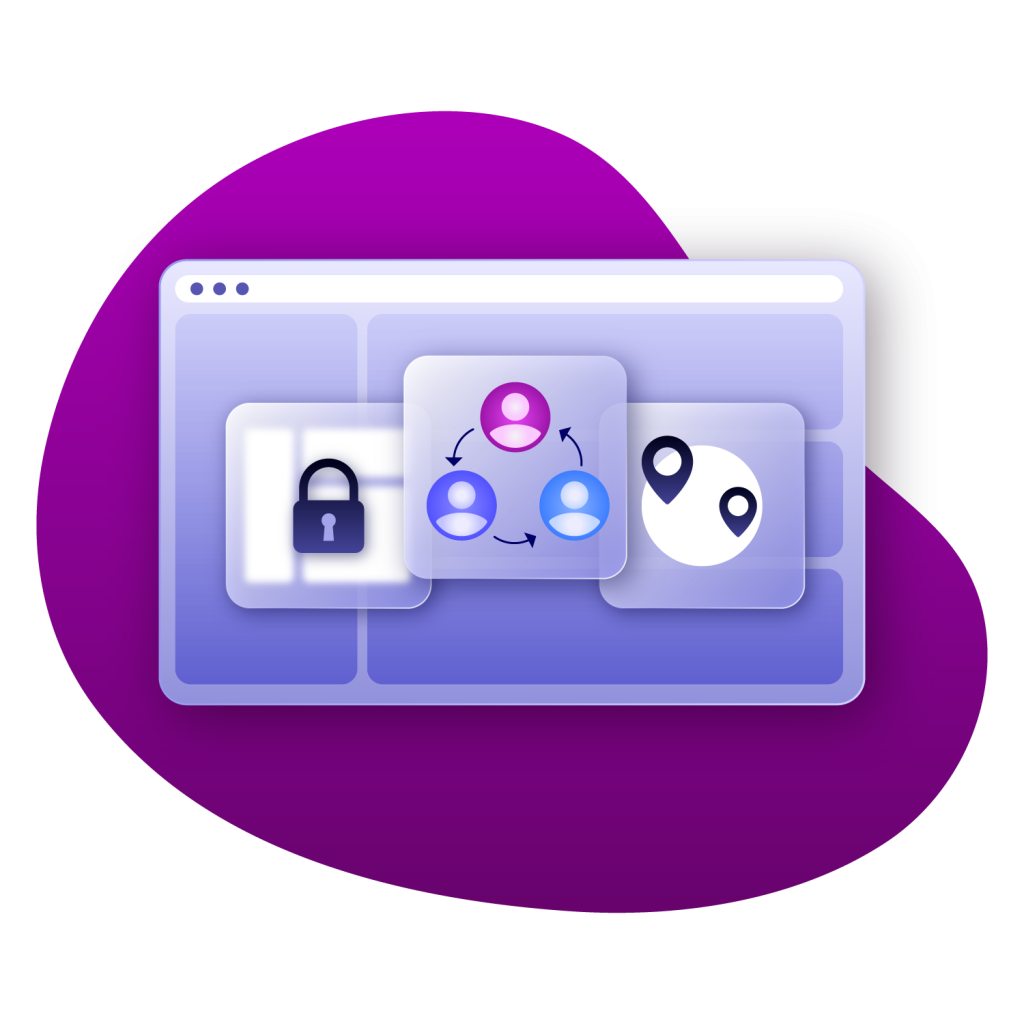 light purple block with three blocks within, one with a lock, one with three profiles and one with location icons, on a dark purple background