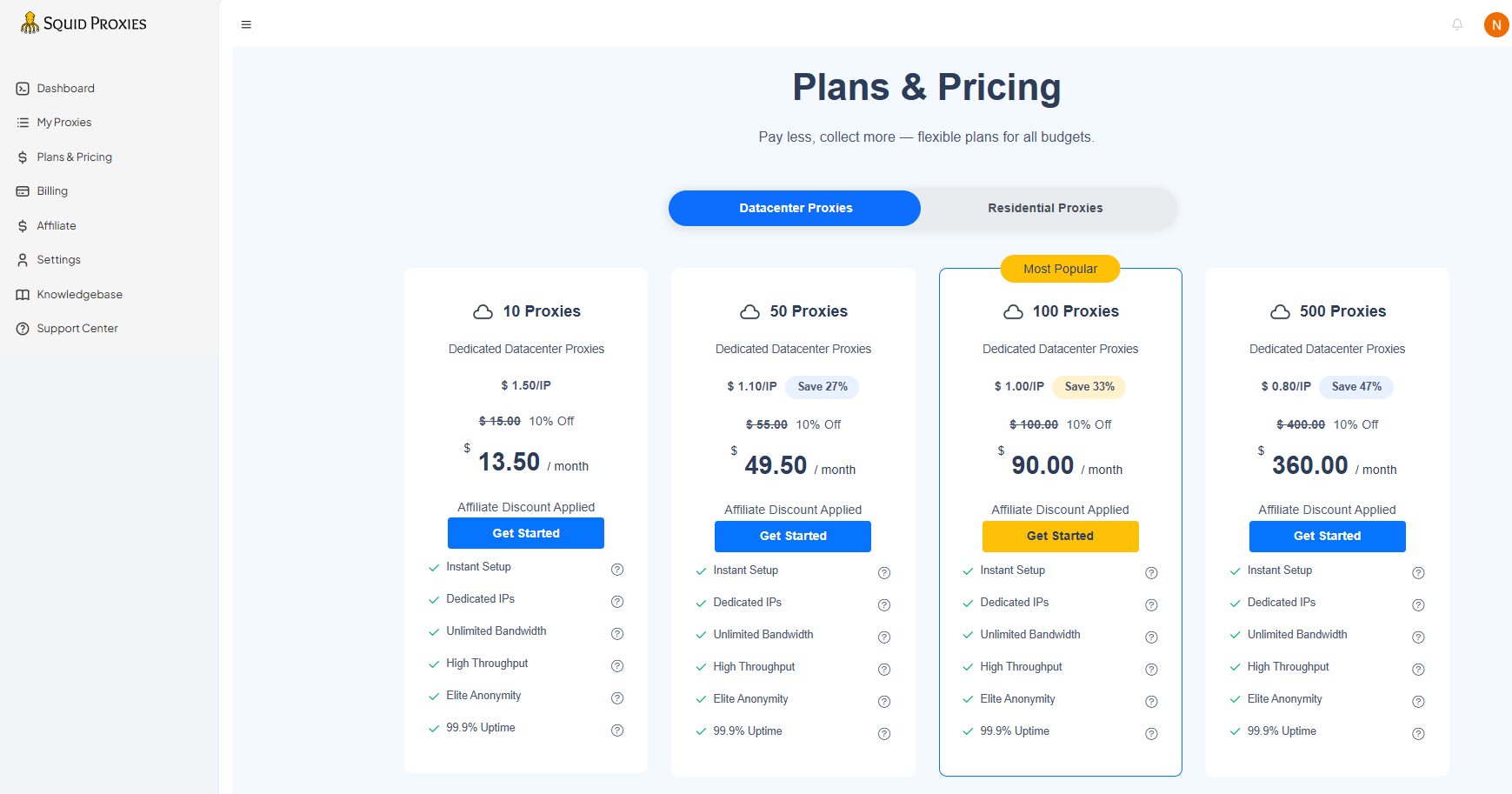 screenshot of Squid Proxies plans and pricing page