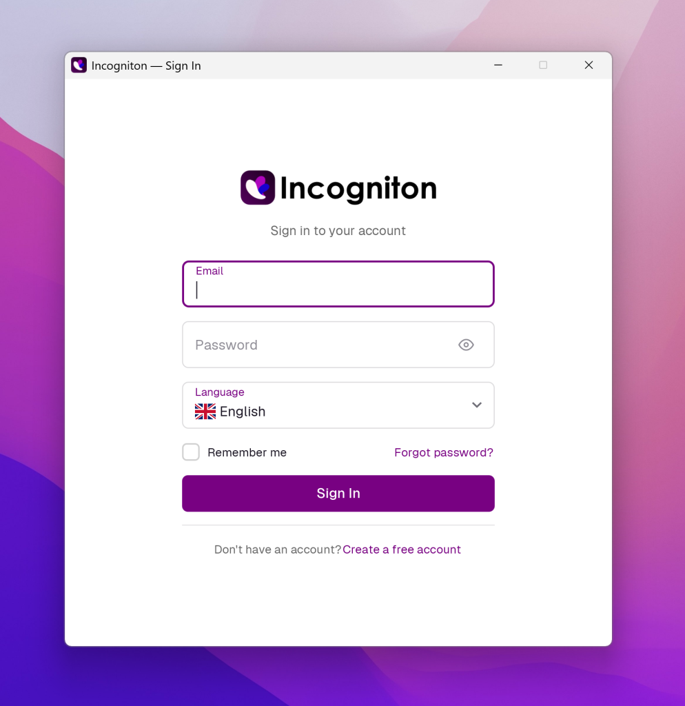 login screen incogniton app new UI