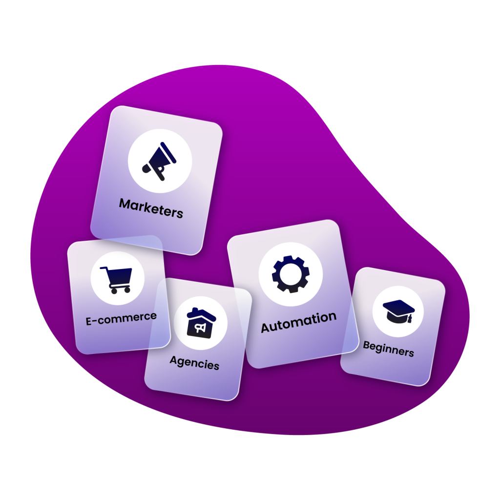 5 blocks with shopping cart icon, megaphone icon, house icon, gear icon and graduate icon on a dark purple background