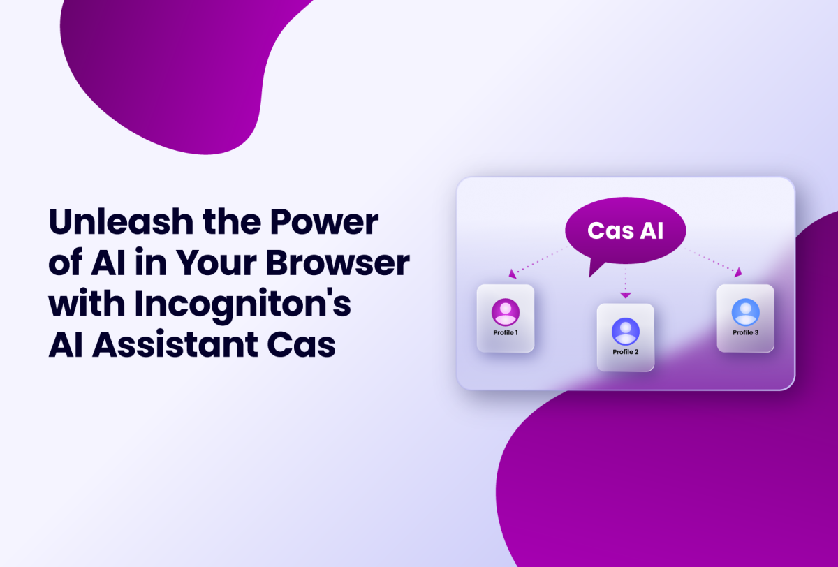 text bubble icon with Cas AI with 3 profiles below on a light purple background with darker purple elements