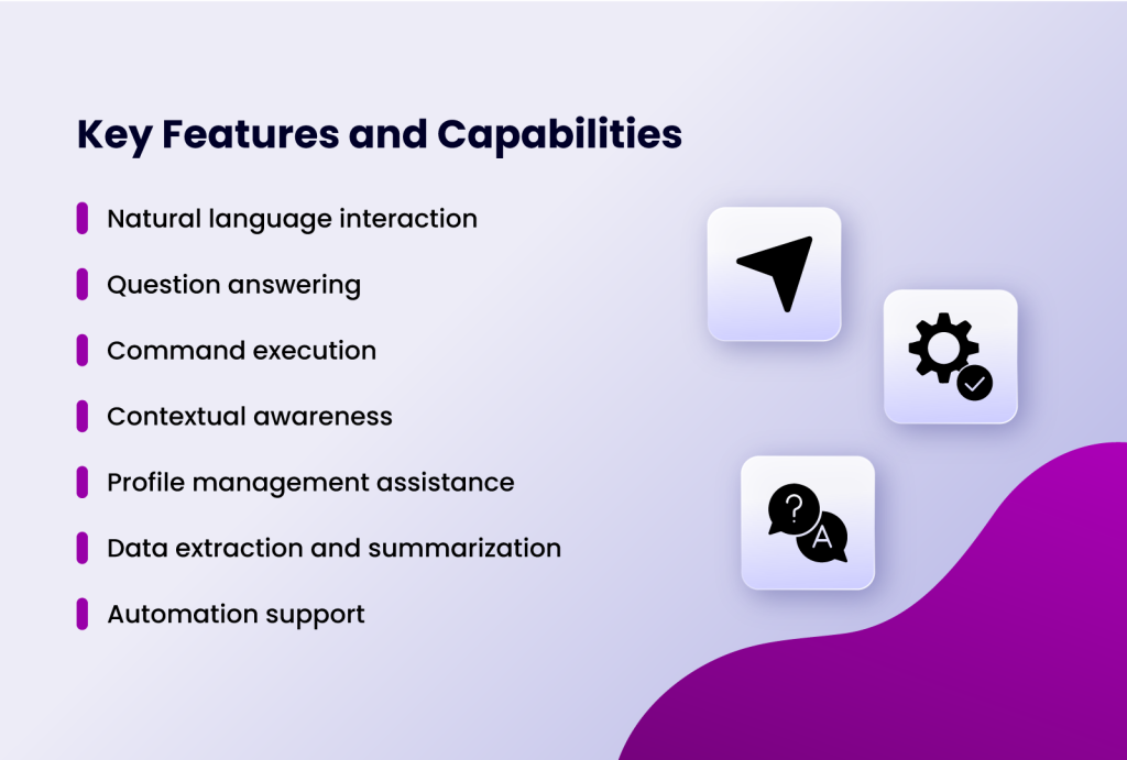 list of key features and capabilities of the cas ai assistant with a text bubble icon, gear icon and navigation icon on a light purple background with a darker purple element