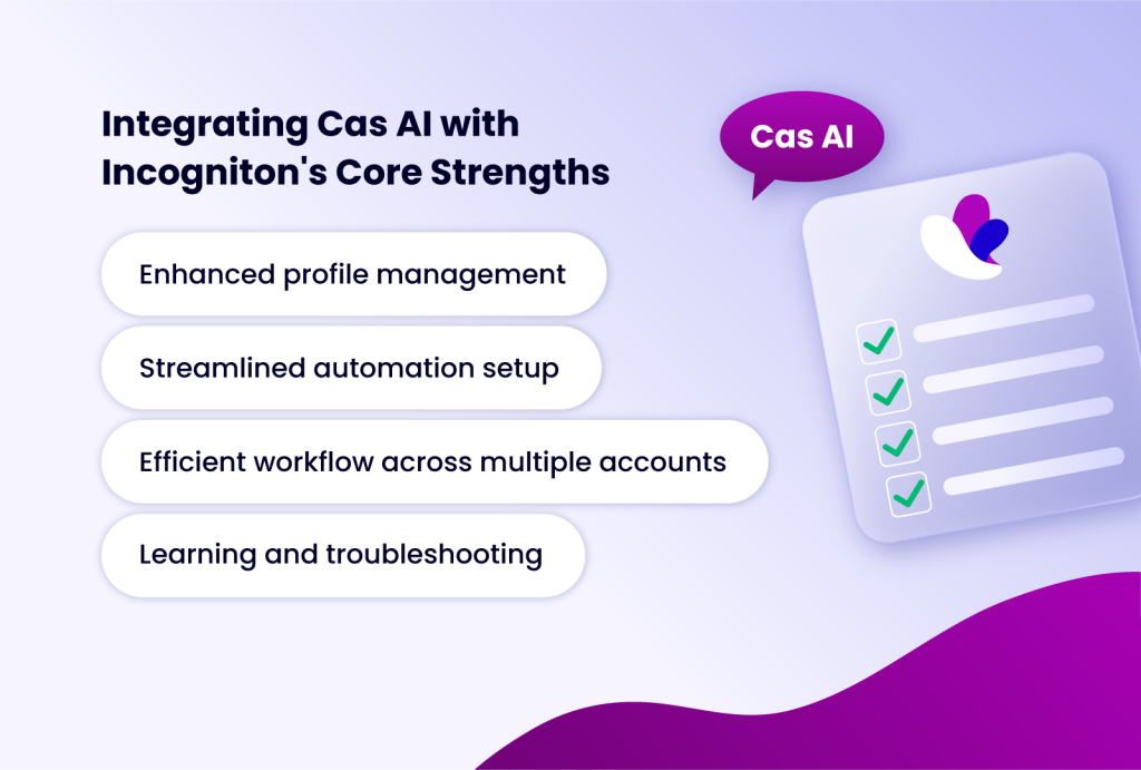 list of advantages using cas ai assistant in incogniton with next to it a purple text bubble with cas ai and the incogniton logo with a checkmark list on a light purple background with a darker purple element