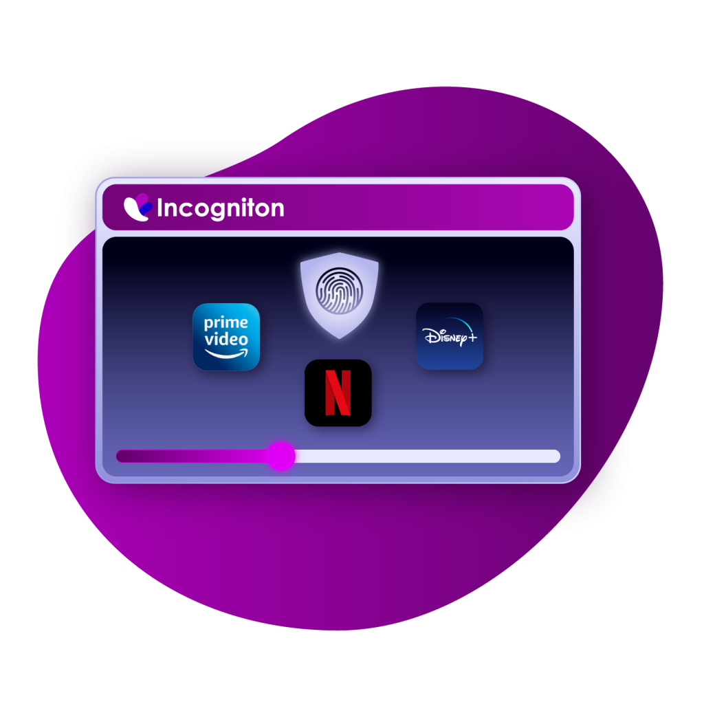 block with prime video logo, netflix logo, disney plus logo with a shield at the top and Incogniton logo, on a purple background
