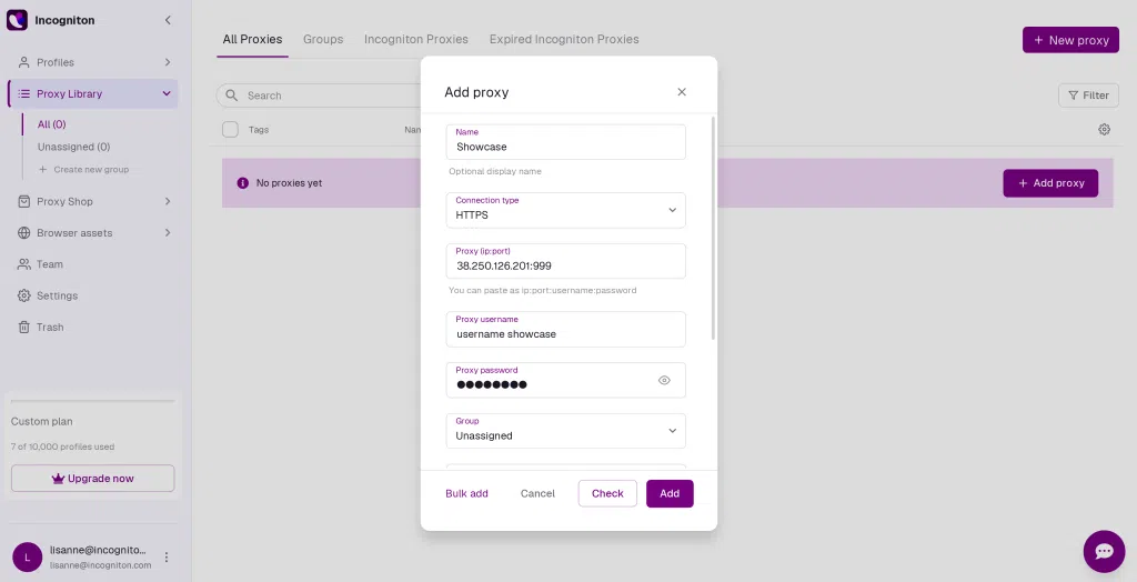 Incogniton-applicatie met een formulier om een proxy toe te voegen, met velden voor naam, verbindings type, IP-adres, gebruikersnaam en wachtwoord.