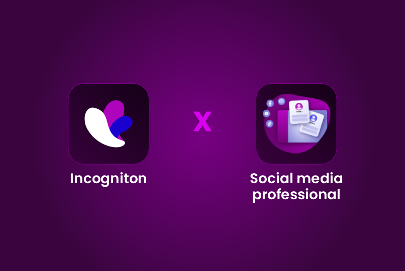 logo of Incogniton and next to it images of 2 profiles with social media icons next to it on a dark purple background