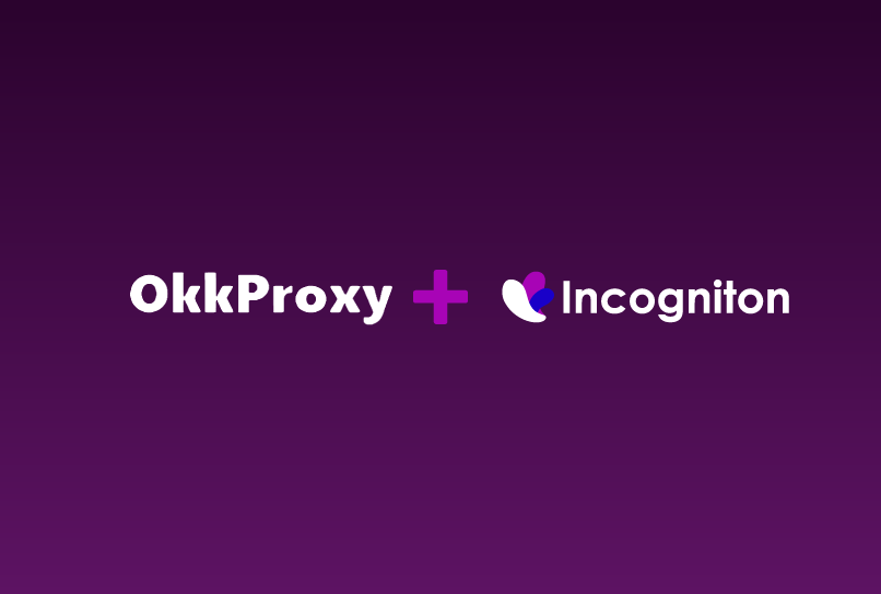 okkproxy logo plus incogniton logo on dark purple background
