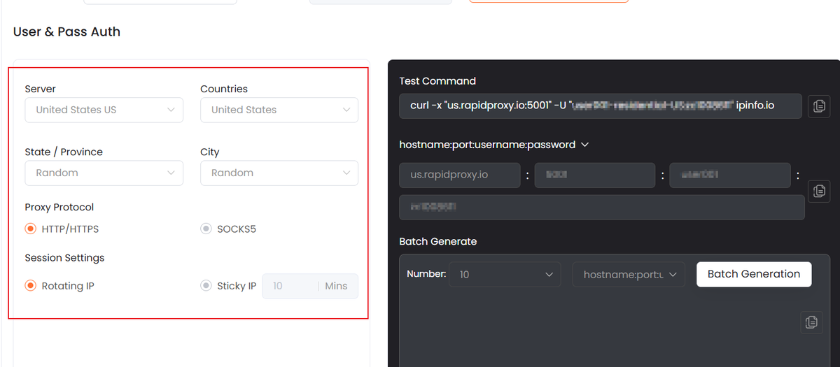user and pass auth rapidproxy dashboard